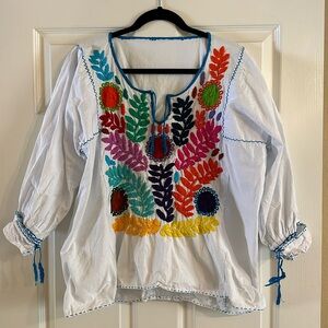 Colorful Floral Embroidered White Boho Blouse